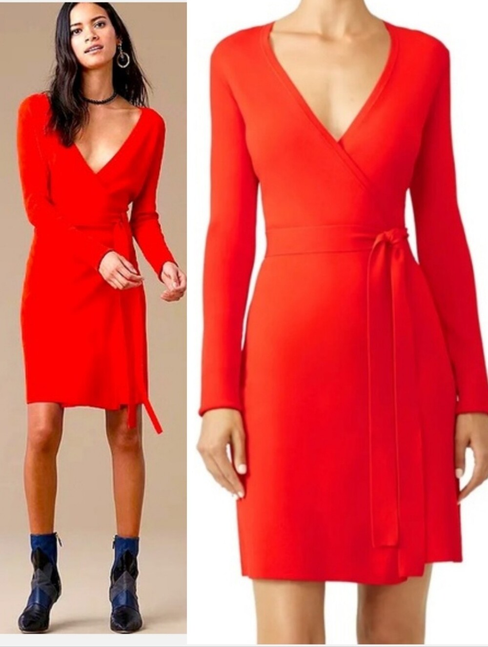 Diane von Furstenberg Long-Sleeve V-Neck Knit Wrap Dress Poppy Red Medium